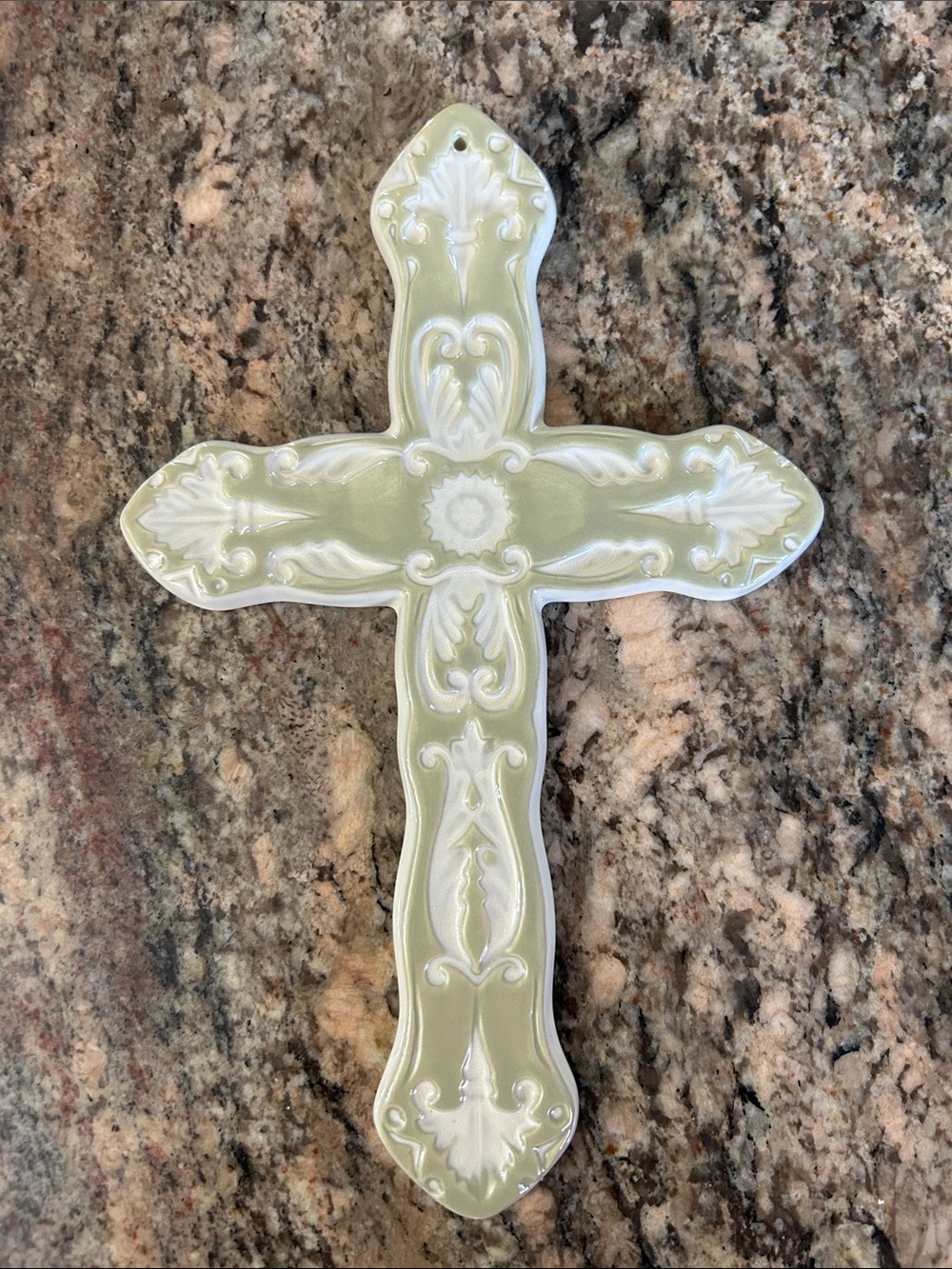Decorative Ceramic Cross Wall Accent in Sage Green and White